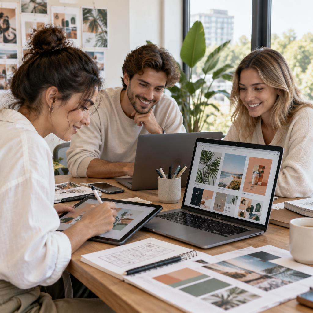 Creative professionals designing digital ad campaigns together